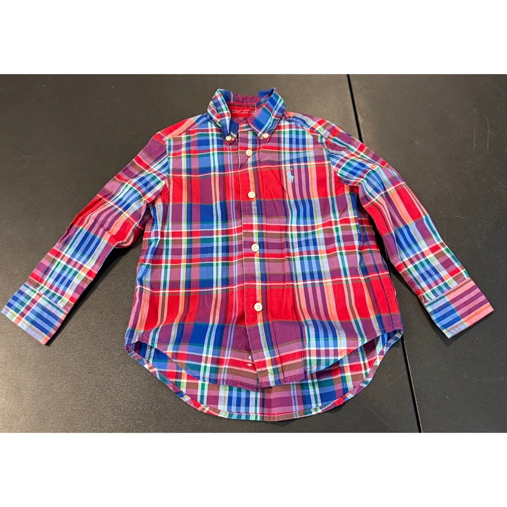 Ralph Lauren Boys 2/2T Button Down Shirt Red Blue Plaid Natural Stretch Long Sle